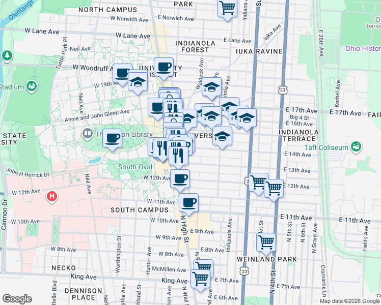 map of restaurants, bars, coffee shops, grocery stores, and more near 49 East 14th Avenue in Columbus