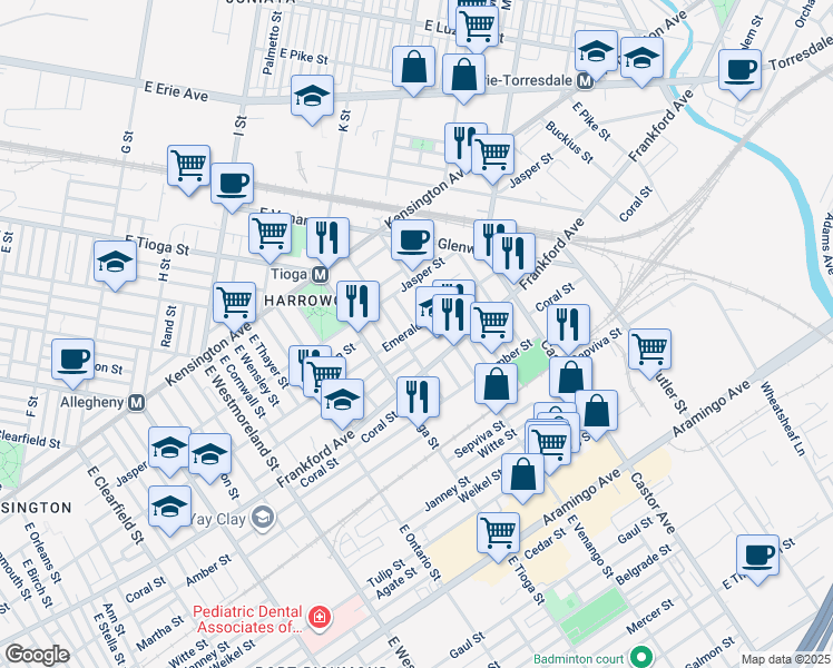 map of restaurants, bars, coffee shops, grocery stores, and more near 3557 Emerald Street in Philadelphia