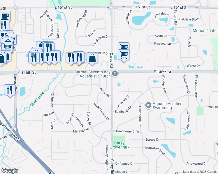 map of restaurants, bars, coffee shops, grocery stores, and more near 14499 Allison Drive in Carmel