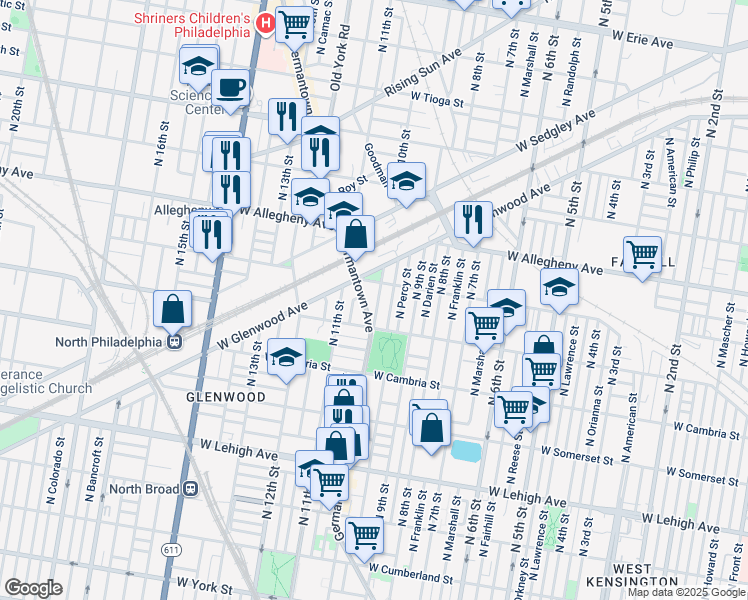 map of restaurants, bars, coffee shops, grocery stores, and more near 3040 North 10th Street in Philadelphia