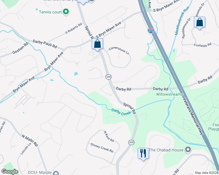 map of restaurants, bars, coffee shops, grocery stores, and more near 5005 Brittany Lane in Bryn Mawr