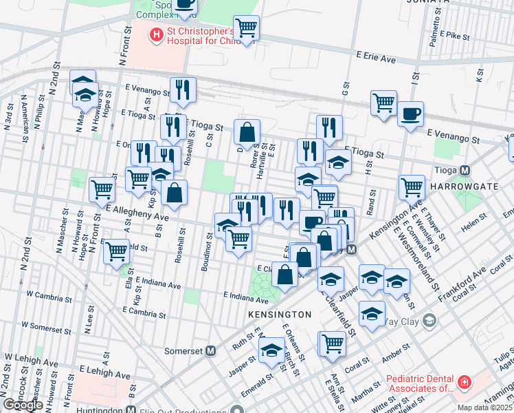 map of restaurants, bars, coffee shops, grocery stores, and more near 3253 Hartville Street in Philadelphia