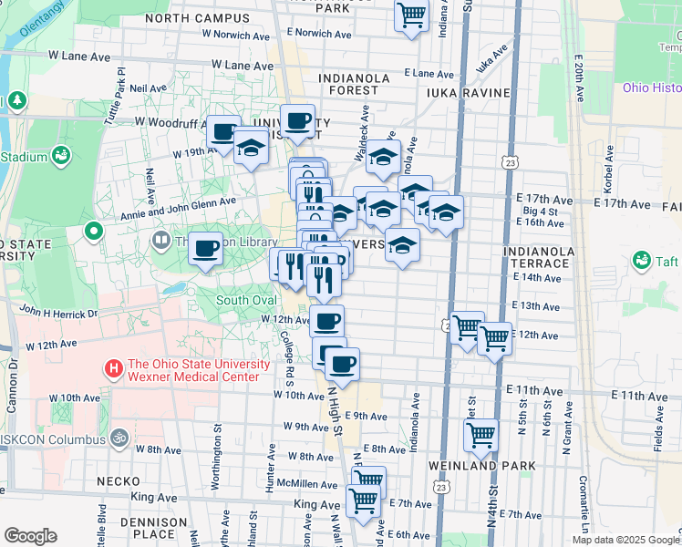 map of restaurants, bars, coffee shops, grocery stores, and more near 1814 North High Street in Columbus