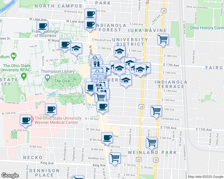 map of restaurants, bars, coffee shops, grocery stores, and more near 75 East 14th Avenue in Columbus
