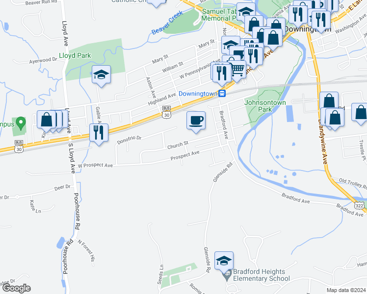 map of restaurants, bars, coffee shops, grocery stores, and more near 285 Church Street in Downingtown