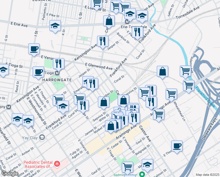 map of restaurants, bars, coffee shops, grocery stores, and more near 2079 Albright Street in Philadelphia