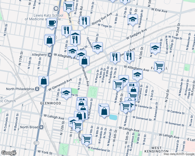 map of restaurants, bars, coffee shops, grocery stores, and more near 3051 North Percy Street in Philadelphia