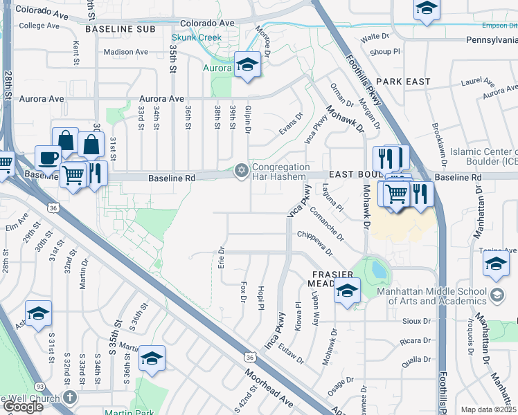 map of restaurants, bars, coffee shops, grocery stores, and more near 636 Meadowbrook Drive in Boulder