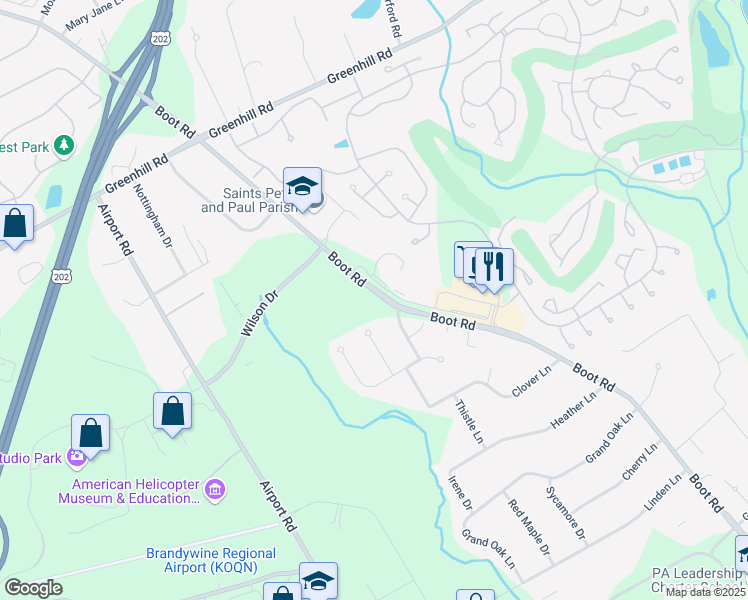 map of restaurants, bars, coffee shops, grocery stores, and more near 1360 Boot Road in West Chester