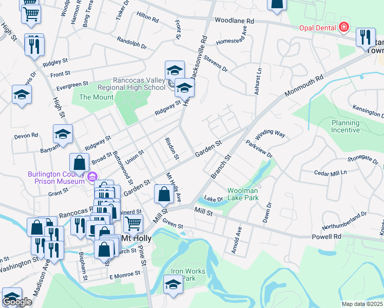 map of restaurants, bars, coffee shops, grocery stores, and more near 427 Garden Street in Mount Holly
