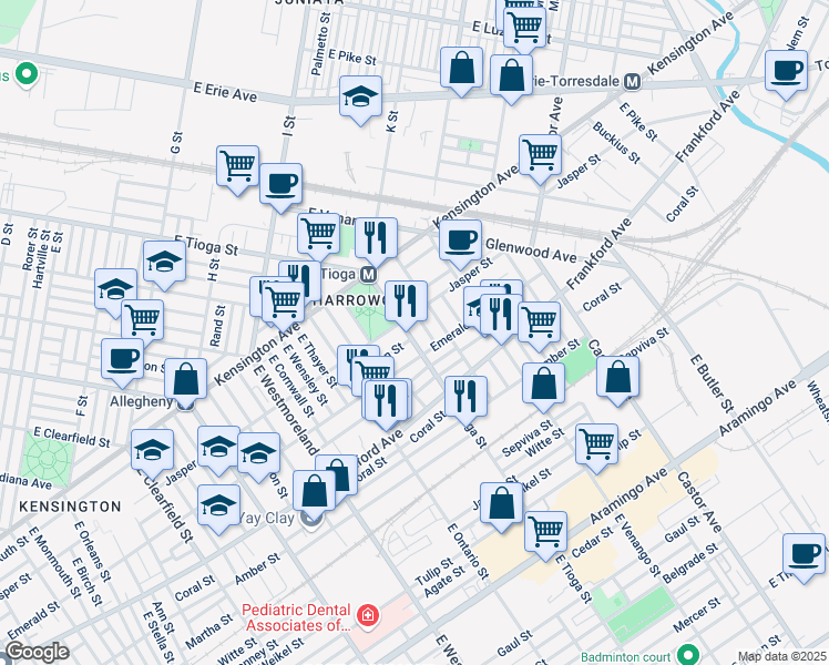 map of restaurants, bars, coffee shops, grocery stores, and more near 1863 East Tioga Street in Philadelphia