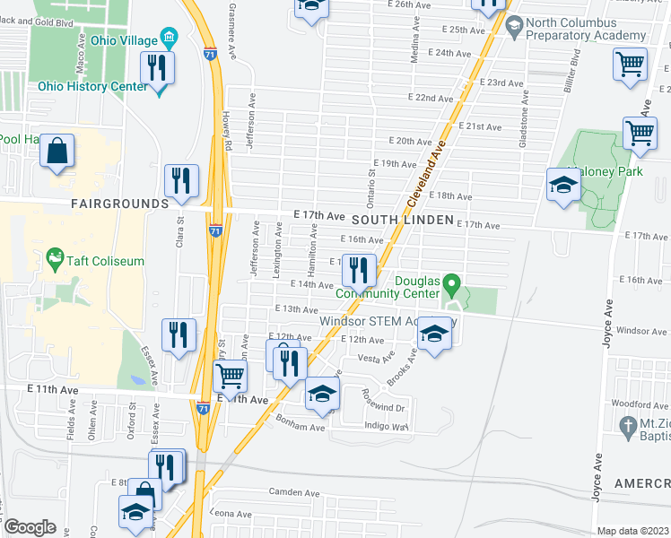 map of restaurants, bars, coffee shops, grocery stores, and more near 1057 East 15th Avenue in Columbus