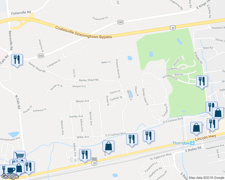 map of restaurants, bars, coffee shops, grocery stores, and more near 2545 Dupont Street in Coatesville