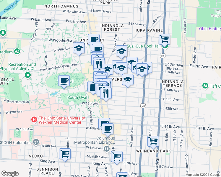 map of restaurants, bars, coffee shops, grocery stores, and more near 57 East 14th Avenue in Columbus