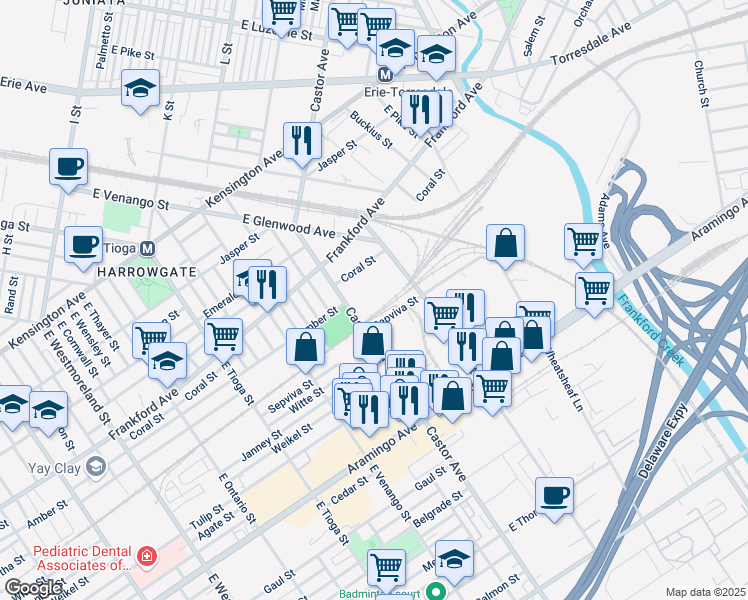 map of restaurants, bars, coffee shops, grocery stores, and more near 2146-2158 East Butler Street in Philadelphia