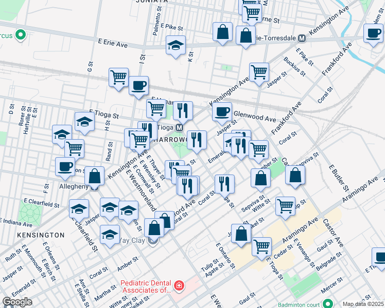 map of restaurants, bars, coffee shops, grocery stores, and more near 3491 Jasper Street in Philadelphia