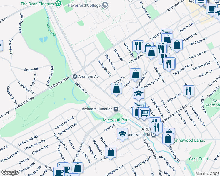 map of restaurants, bars, coffee shops, grocery stores, and more near 601 Georges Lane in Ardmore