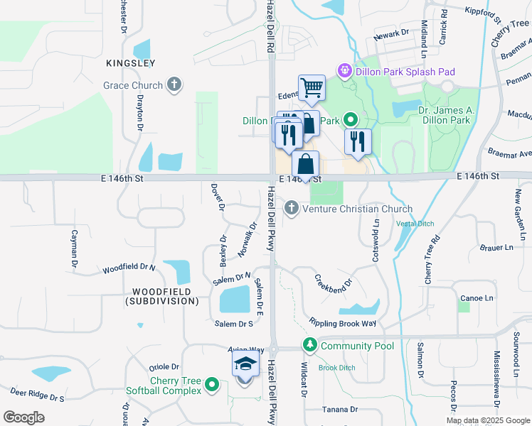 map of restaurants, bars, coffee shops, grocery stores, and more near 14566 Chelsea Court in Carmel
