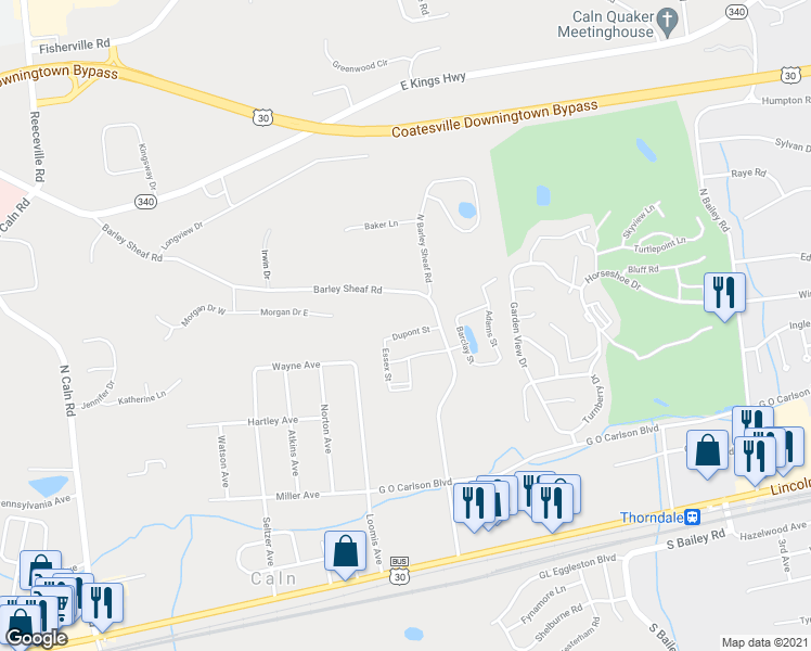 map of restaurants, bars, coffee shops, grocery stores, and more near 2547 Dupont Street in Coatesville