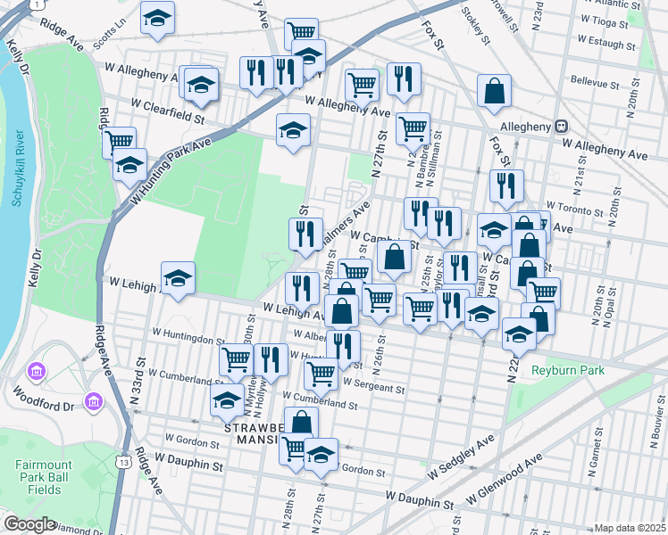 map of restaurants, bars, coffee shops, grocery stores, and more near 2821 North Newkirk Street in Philadelphia