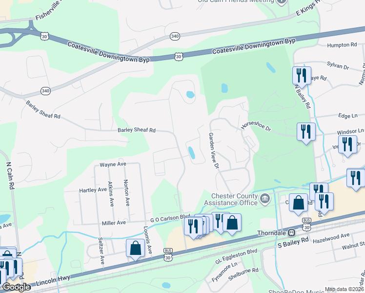 map of restaurants, bars, coffee shops, grocery stores, and more near 2627 Barclay Street in Coatesville