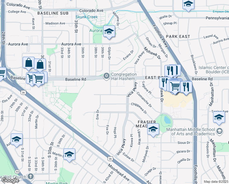 map of restaurants, bars, coffee shops, grocery stores, and more near 636 Meadowbrook Drive in Boulder