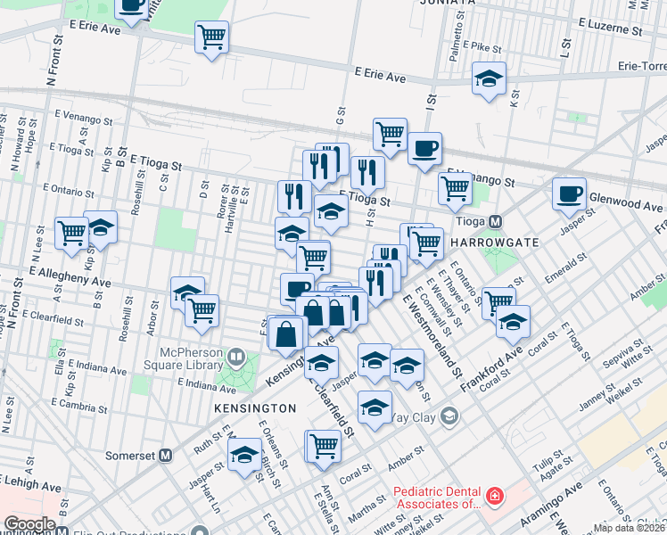 map of restaurants, bars, coffee shops, grocery stores, and more near 822 East Thayer Street in Philadelphia
