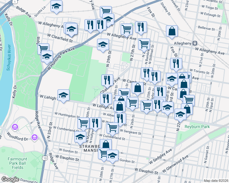 map of restaurants, bars, coffee shops, grocery stores, and more near 2821 North Newkirk Street in Philadelphia