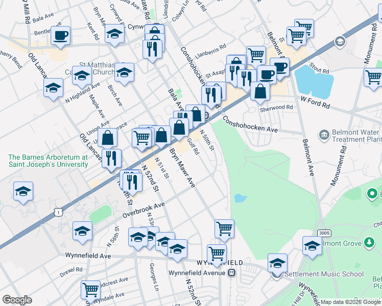 map of restaurants, bars, coffee shops, grocery stores, and more near 5022 City Avenue in Philadelphia