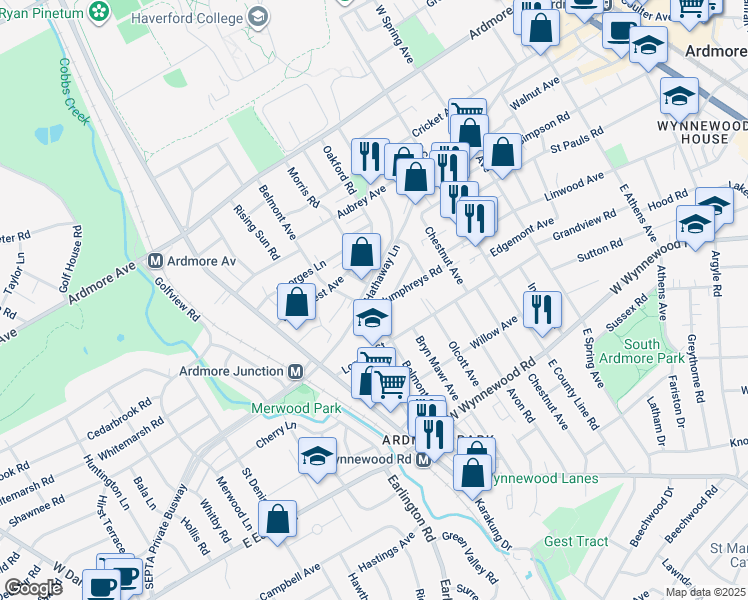 map of restaurants, bars, coffee shops, grocery stores, and more near 702 Humphreys Road in Ardmore