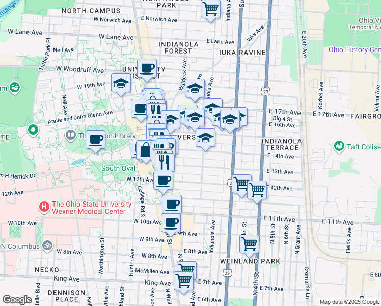 map of restaurants, bars, coffee shops, grocery stores, and more near 90 East 14th Avenue in Columbus
