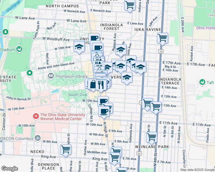 map of restaurants, bars, coffee shops, grocery stores, and more near 32 East 14th Avenue in Columbus