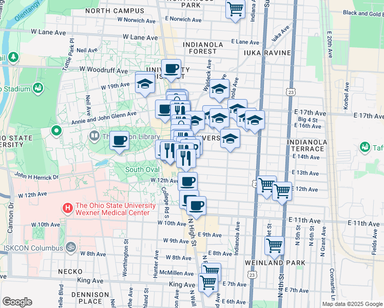 map of restaurants, bars, coffee shops, grocery stores, and more near 1814 North High Street in Columbus