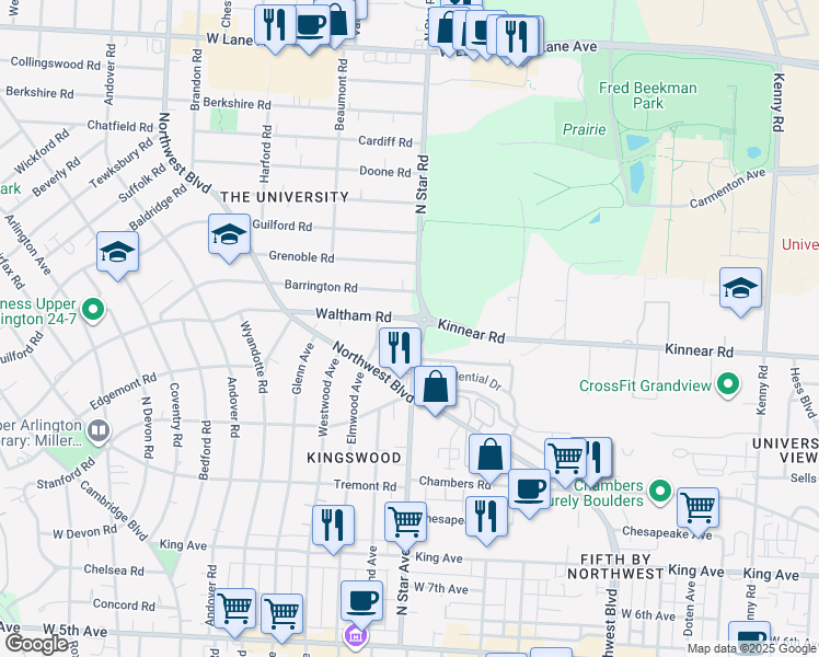 map of restaurants, bars, coffee shops, grocery stores, and more near 1518 Waltham Road in Upper Arlington