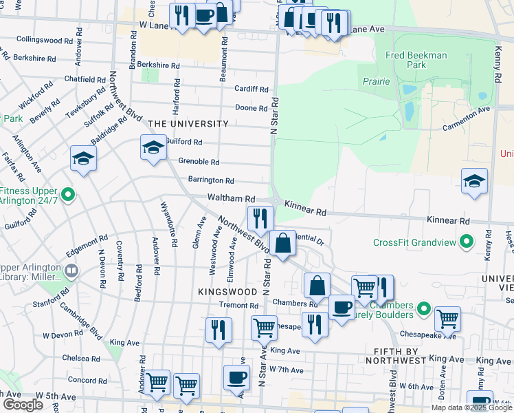 map of restaurants, bars, coffee shops, grocery stores, and more near 1518 Waltham Road in Upper Arlington