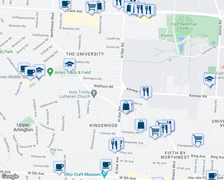 map of restaurants, bars, coffee shops, grocery stores, and more near 1518 Waltham Road in Upper Arlington