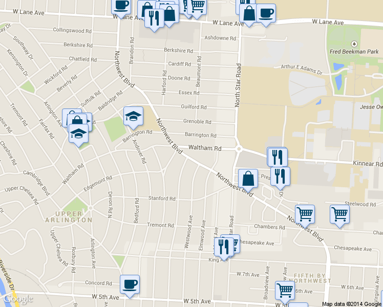map of restaurants, bars, coffee shops, grocery stores, and more near 1607 Waltham Road in Columbus
