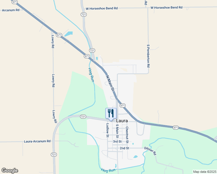 map of restaurants, bars, coffee shops, grocery stores, and more near 120 North Main Street in Laura