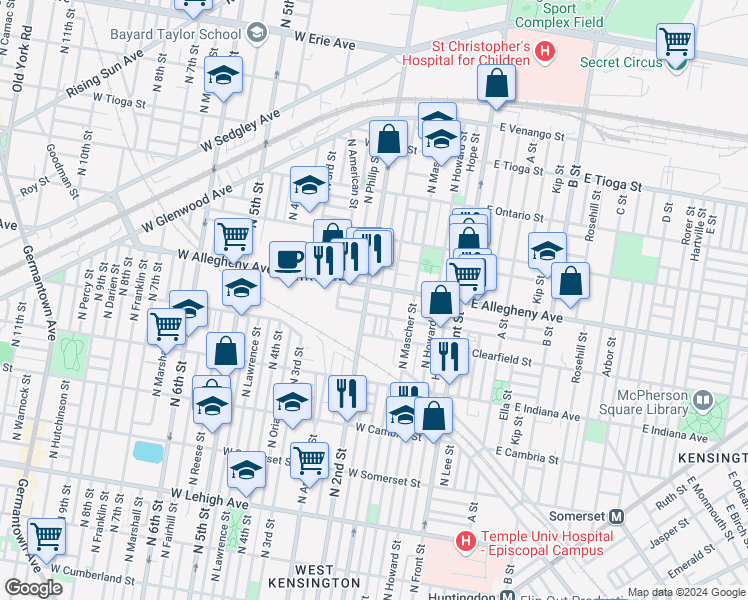 map of restaurants, bars, coffee shops, grocery stores, and more near 187 West Wishart Street in Philadelphia