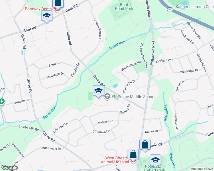map of restaurants, bars, coffee shops, grocery stores, and more near 1329 Burke Road in West Chester