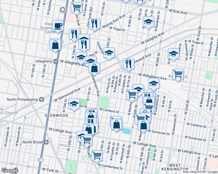 map of restaurants, bars, coffee shops, grocery stores, and more near 3053 North Percy Street in Philadelphia