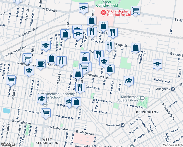 map of restaurants, bars, coffee shops, grocery stores, and more near 145 East Allegheny Avenue in Philadelphia