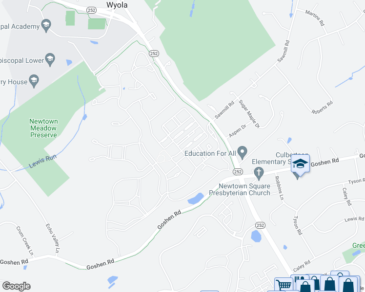 map of restaurants, bars, coffee shops, grocery stores, and more near 3728 Liseter Gardens in Newtown Square