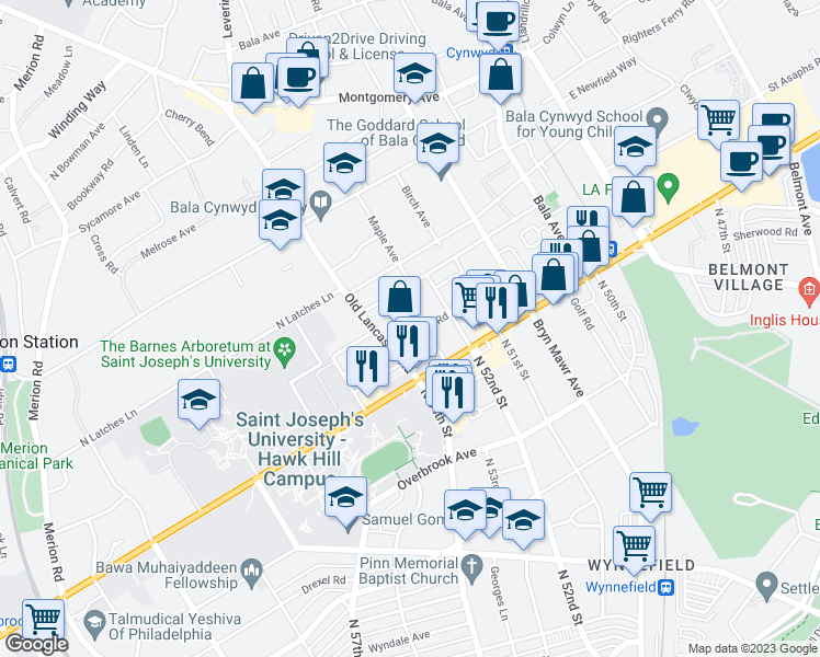map of restaurants, bars, coffee shops, grocery stores, and more near 34 Oakland Terrace in Bala Cynwyd