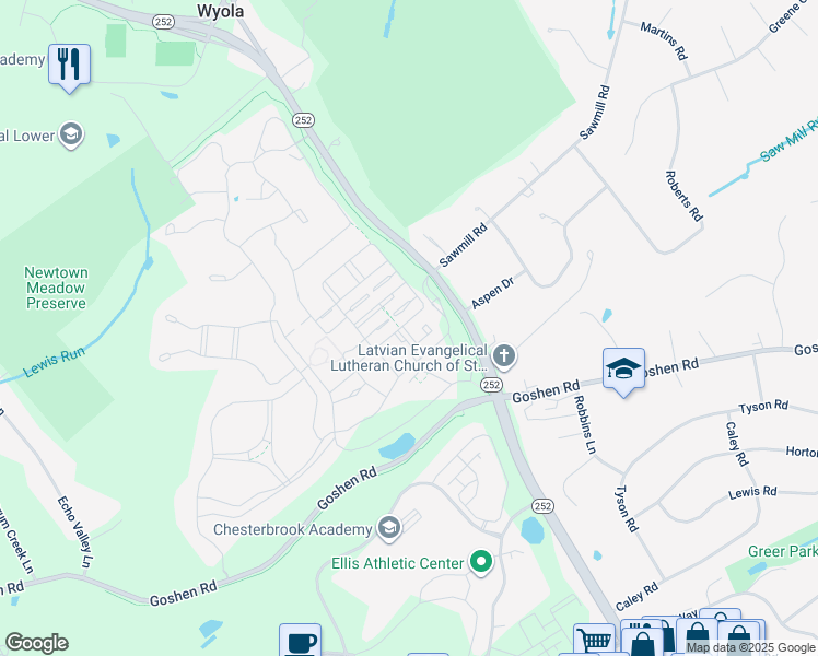 map of restaurants, bars, coffee shops, grocery stores, and more near 303 Orchard Lane in Newtown Square