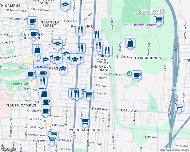 map of restaurants, bars, coffee shops, grocery stores, and more near in Columbus