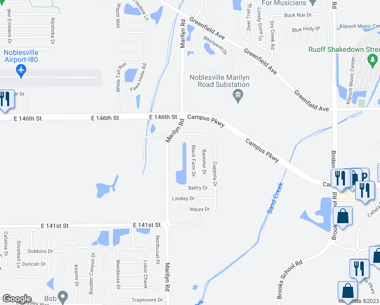 map of restaurants, bars, coffee shops, grocery stores, and more near 14417 Black Farm Drive in Noblesville