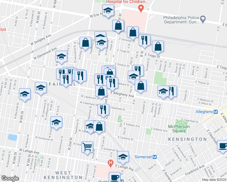 map of restaurants, bars, coffee shops, grocery stores, and more near 3201 North Lee Street in Philadelphia