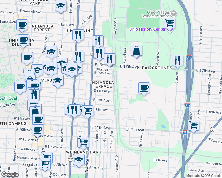 map of restaurants, bars, coffee shops, grocery stores, and more near 415 East 15th Avenue in Columbus