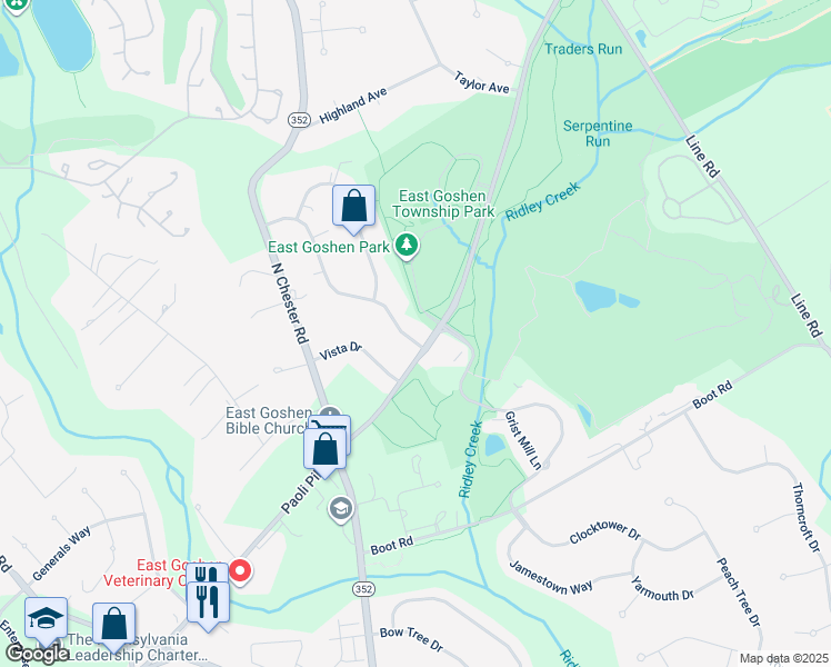 map of restaurants, bars, coffee shops, grocery stores, and more near 901 Monte Vista Drive in West Chester
